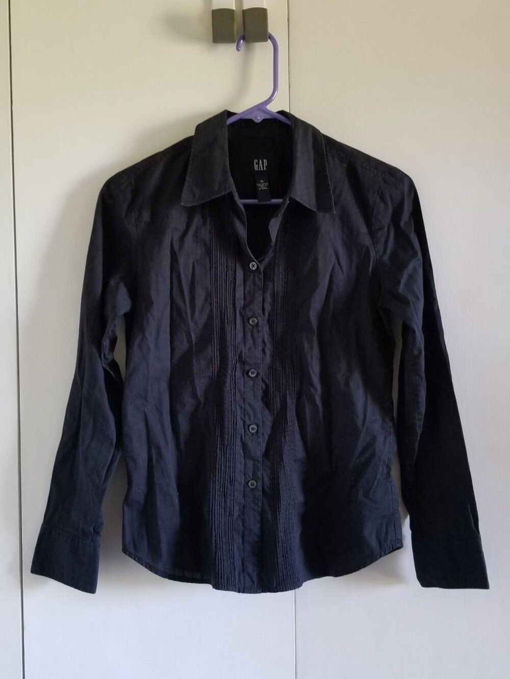 GAP black button-up blouse, with faint stripe details
